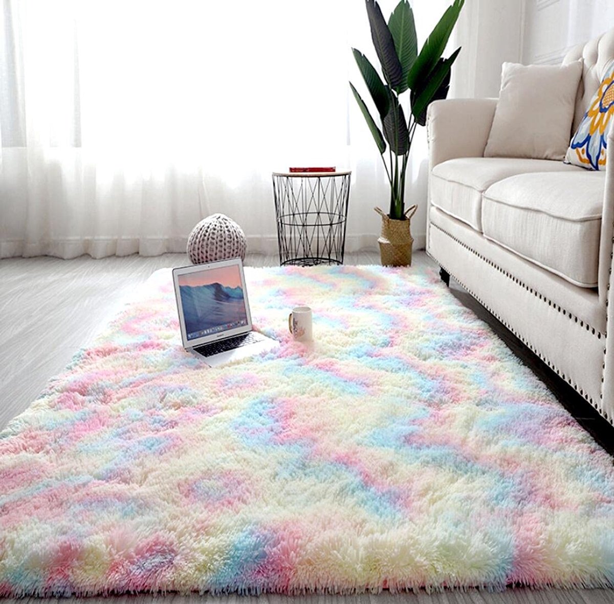 Tapijt, slaapkamer, pluizig, antislip, extra zacht en comfortabel, voor woonkamer, slaapkamer, meisjes, jongens (regenboog, 120 x 160 cm)