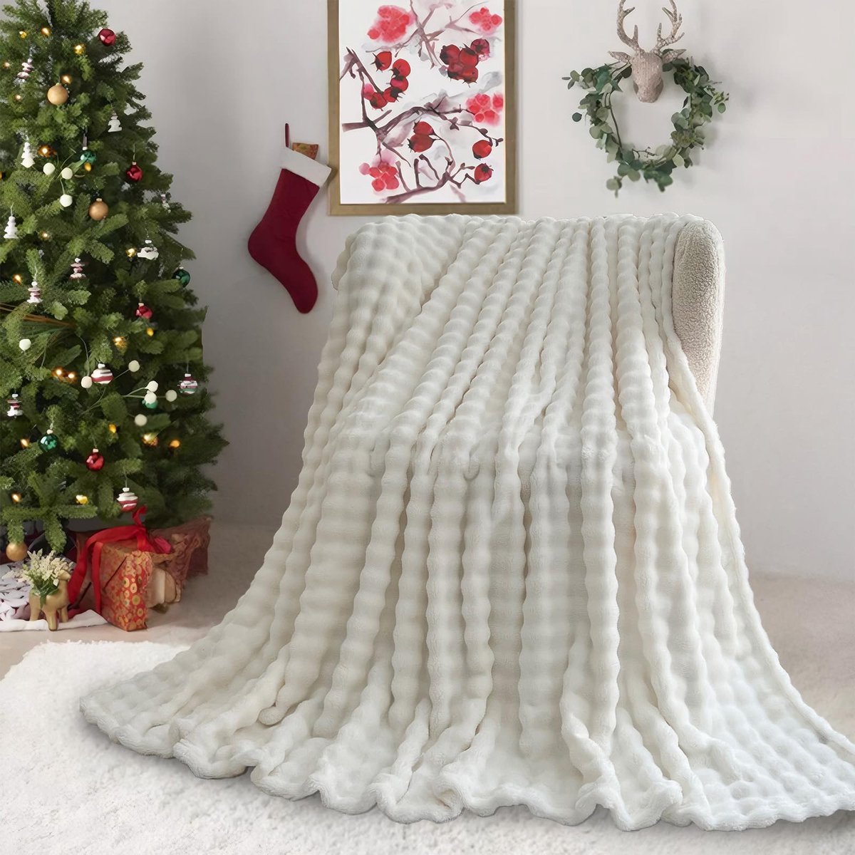 Superzachte Warme Melk Fluwelen Gezellige Bubbels 450 GSM Dekens Plaids voor Bank Grote Pluizige Veelzijdige Deken Bed Plaid voor Slaapkamer, Bank, Reizen, Auto, Kamperen (Wit, 130 * 160cm)