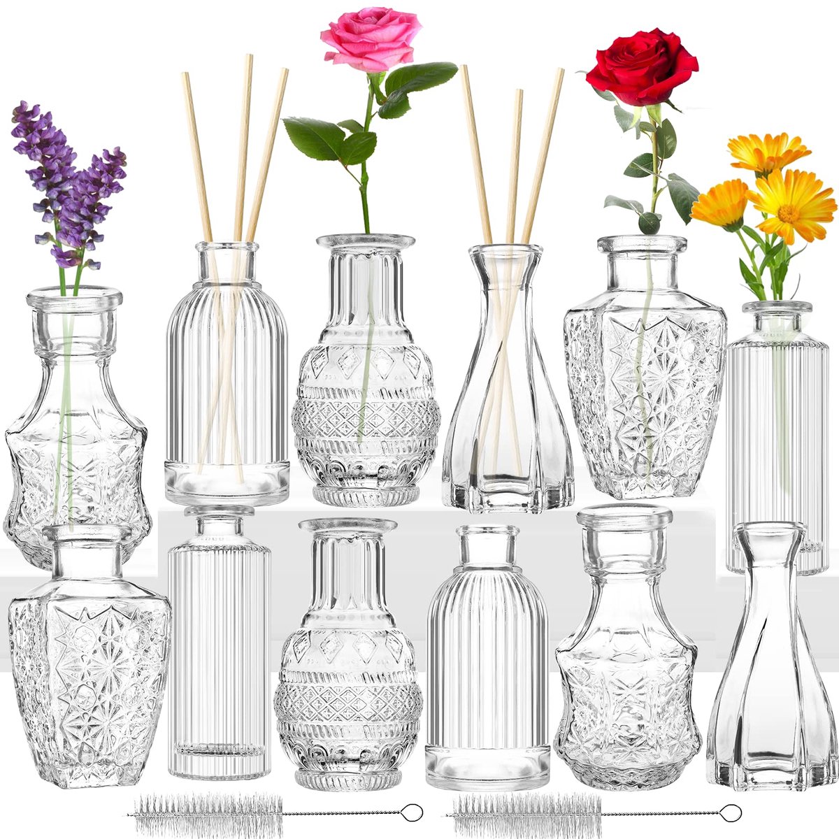 Vaas, set van 12 glazen knopvazen voor bloemen, mini-glazen flessen, decoraties voor woonkamer, kantoor, bureau, decoratie voor bruiloftplanning, familiefeest, Thanksgiving, jubilea