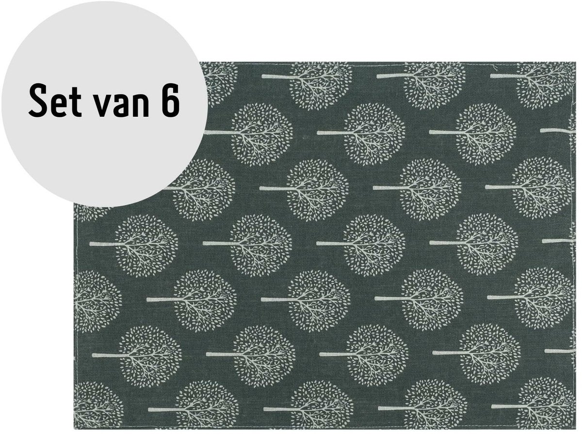 Placemat - Boom patroon - Set van 6 - Placemats - Borden onderlegger - Tafelbeschermer - Tafelaccessoires - Rechthoek - Katoen - Antraciet met beige - 30 x 40 cm