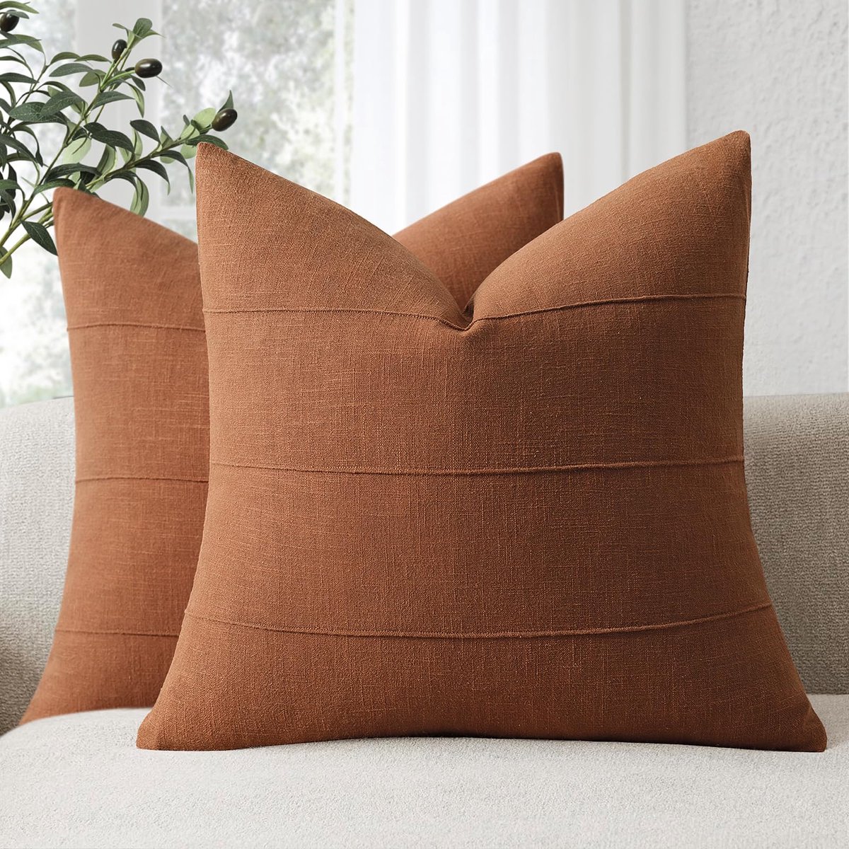 Kussenslopen Voor Bank Van Natuurlijk Linnen 50x50 CM, Set Van 2 Stuks. Zachte Effen Roestbruin Kussenslopen Met Strepenpatroon, Geschikt Voor Bank, Bed, Slaapkamer en Woonkamer.