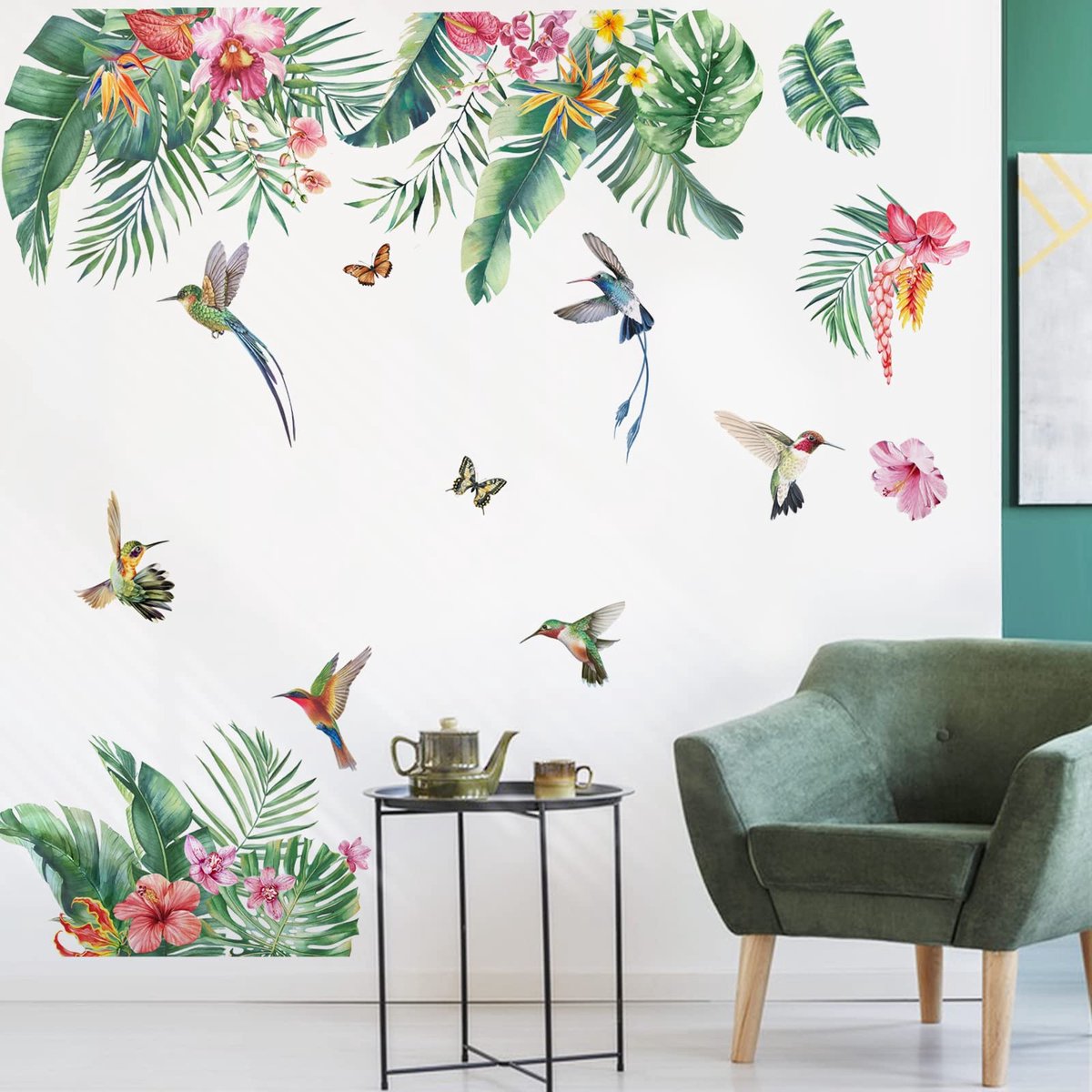 decalmile Groen Tropisch Blad Muurstickers Tropische Hibiscusbloem Palmblad Muurtattoo Meisje Kamer Slaapkamer Woonkamer Sofa TV Achtergrond Wanddecoratie