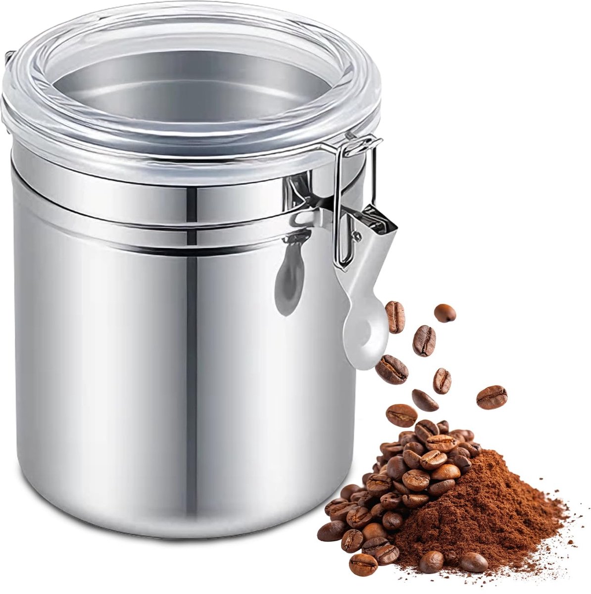 SnelShoppen - RVS Koffiecontainer, Stalen Voedselcontainer met Deksel en Sluitklem, Vacuüm Afgedichte Graanopslagglas voor Koffie, Thee, Noten, Haverm