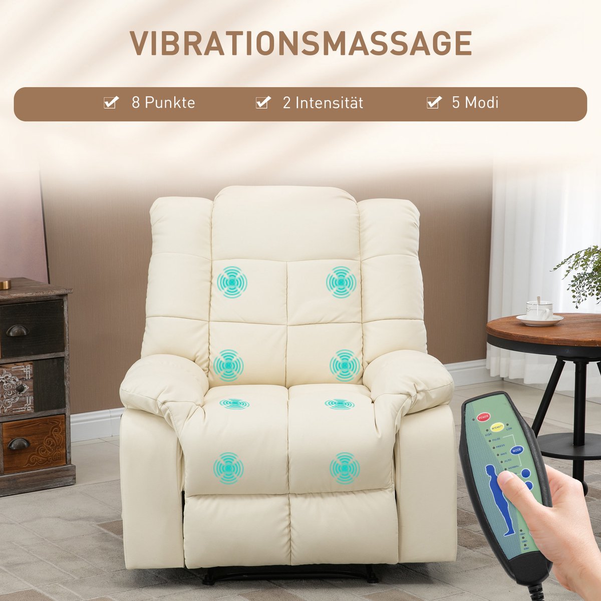HAUSS SPOLE Fauteuil - Elektrische Massagestoel - Relaxfauteuil Met Massagefunctie En Verstelbare Voetsteun - Voor Woonkamer En Leeshoek - Kunstleer Crèmewit Cream White