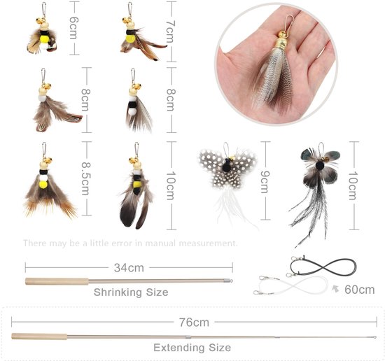 Kattenveer Hengel - 9-delige set insectvormige kattenveerspeeltjes, 1 uitschuifbare stok en 8 verenvullingen met belletjes, interactief speelgoed voor katten voor binnenshuis om te spelen en — afbeelding 5