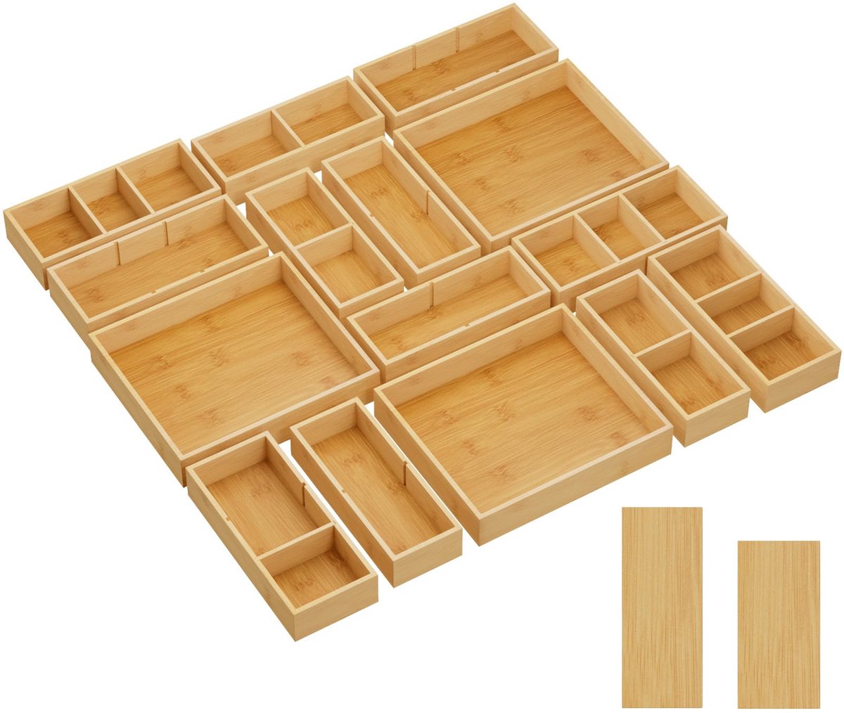 Lade Organisatoren 15 Pak (33 Rooster) met 18 Inzetstukken, Verstelbare Bamboe Houten Ladeverdelers, Stapelbare Opbergdoos voor Keukengerei, Zilverwerk, Make-up, Rommel in Keuken/Badkamer