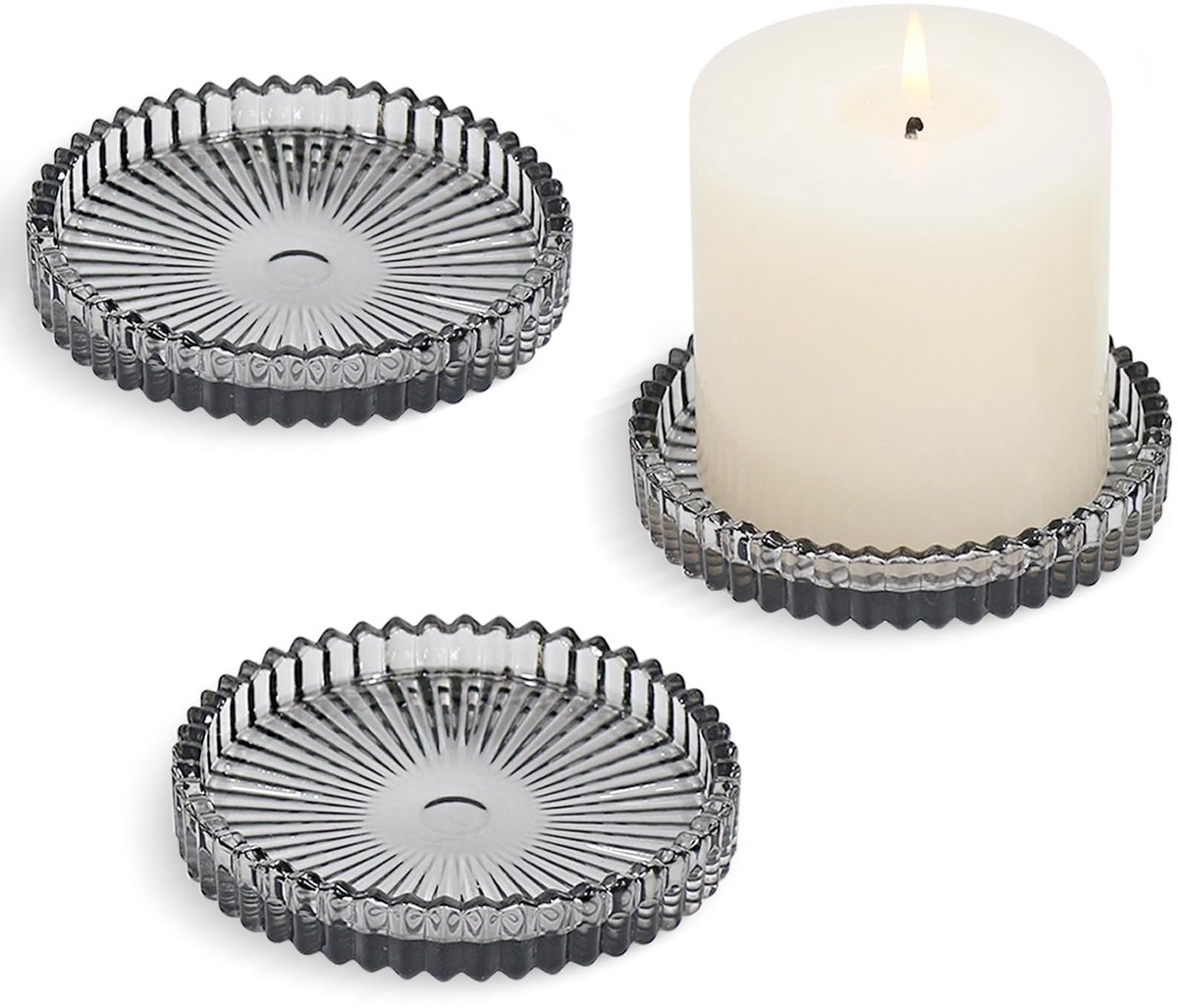 3-delige set glazen kaarsplaten van 10 cm, ronde kaarshouders voor pilaarkandels theelicht kandelaars, grijs