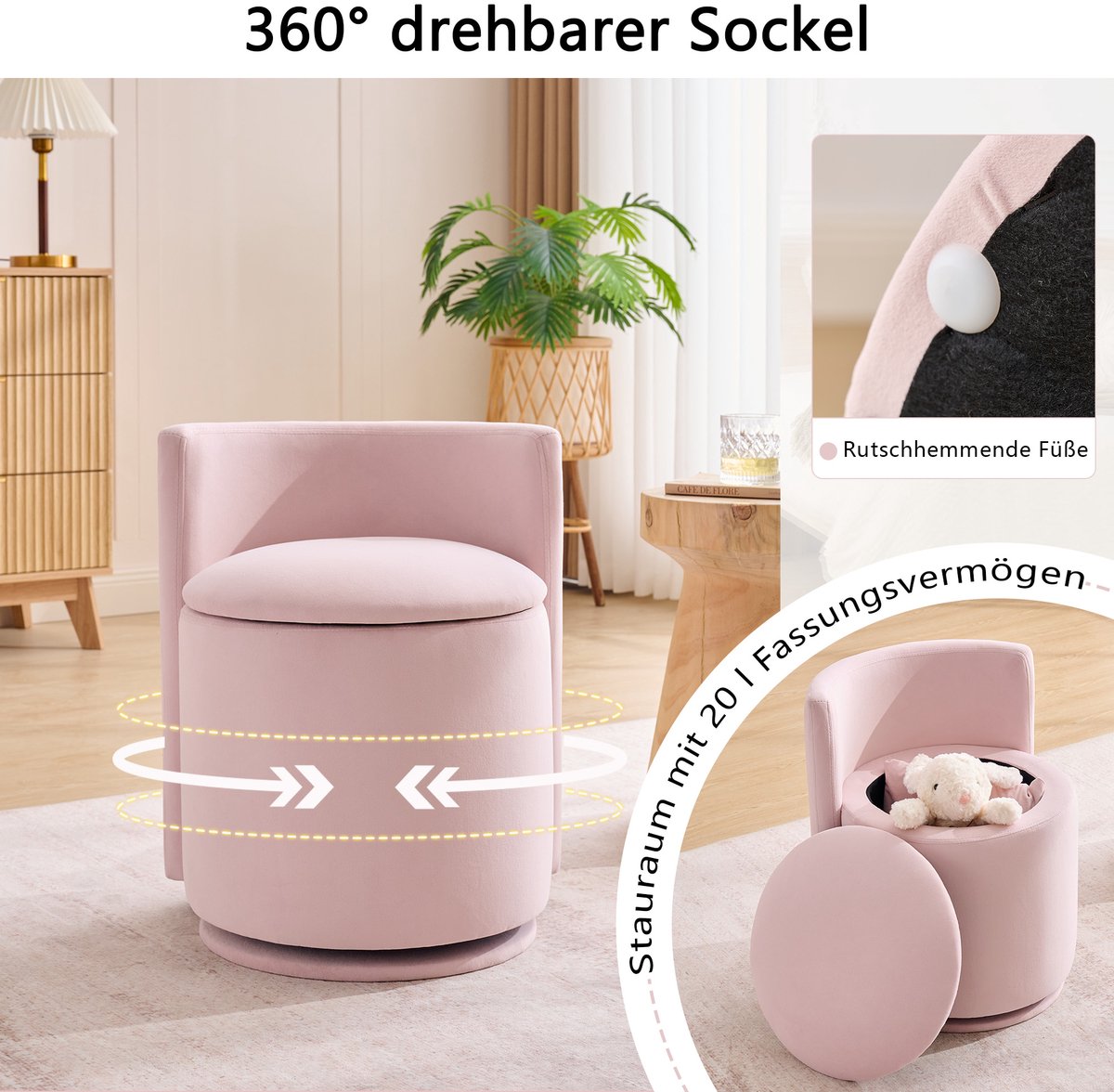 HAUSS SPOLE Hocker - Schminkkruk Met Rugleuning - Met Opbergruimte En 360 Graden Draaibare Voet - Voor Slaapkamer En Kleedkamer - Roze