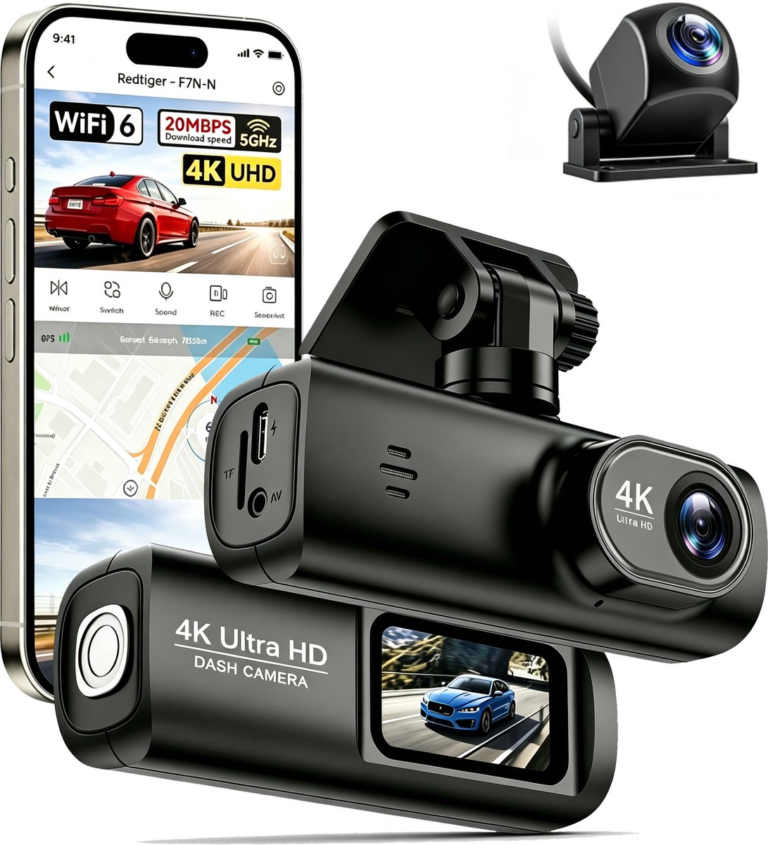 Namajunas - Dashcam voor auto voor en achter - 4K+1080P, WiFi, HDR nachtzicht
