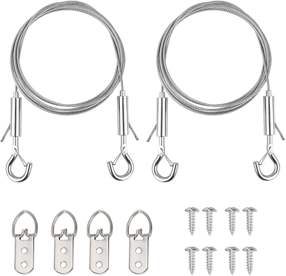 Fotoophangset met verstelbare kabel (2 stuks) – 2 m lange roestvrijstalen kabel met haken en ogen voor het veilig ophangen van foto's, spiegels, lijsten en decoratieve lampen