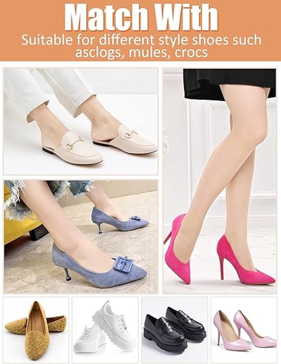 Voorbeelden van dames die verschillende stijlen schoenen dragen, zoals muiltjes, pumps en sneakers, met onzichtbare sokken.