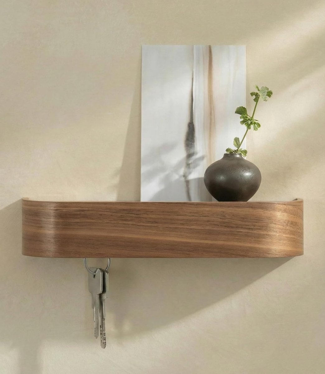 Sleutelkastje 'Toke' | Minimalistisch sleutelhouder ontwerp uit Berlijn | Moderne sleutelrekje met houten plank | Sleutelbord als halmeubel voor aan de muur | Walnoot