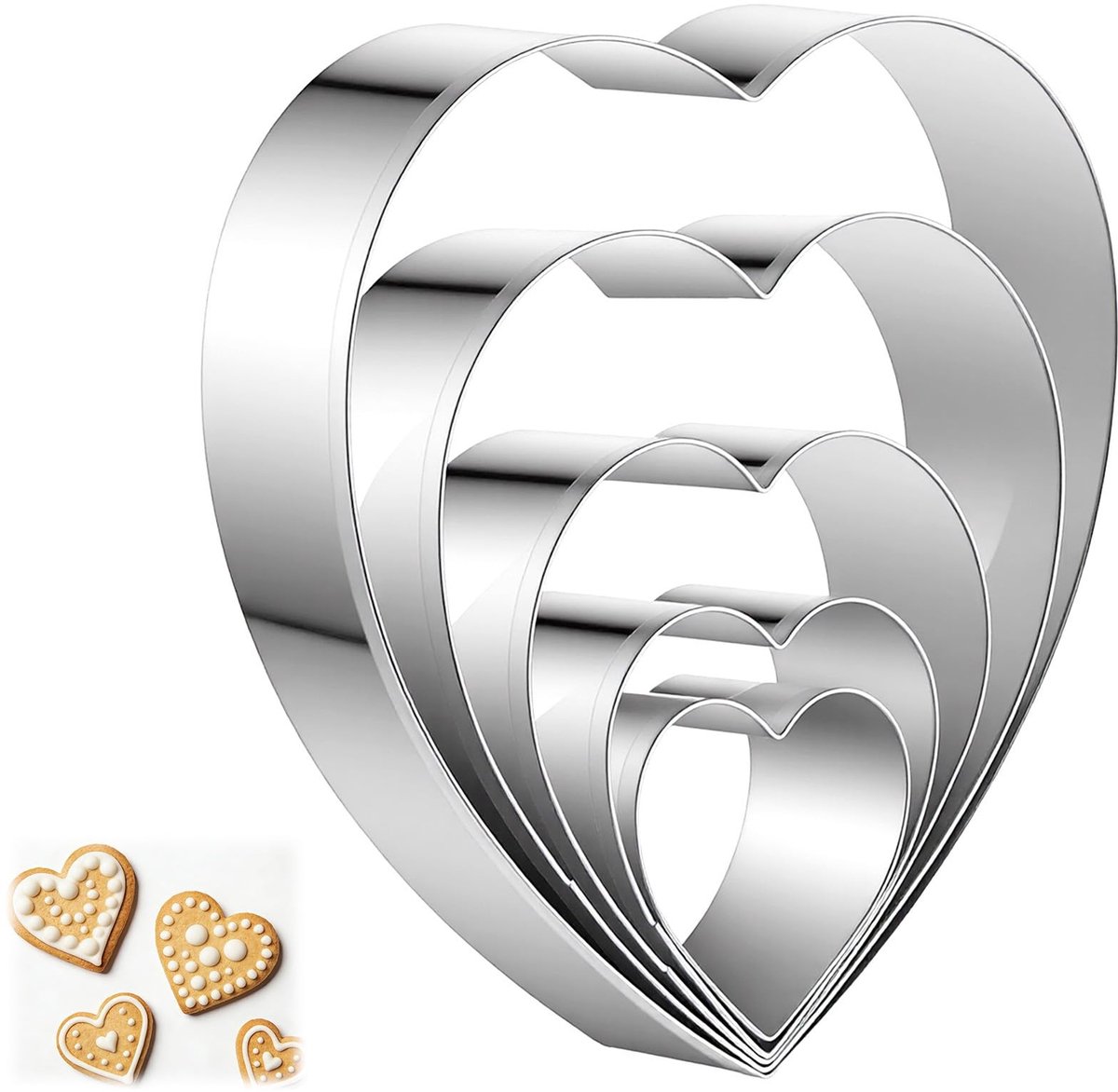 Dailygoods - Set van 5 uitsteekvormen, hartvorm, roestvrij staal, 5 verschillende grote hartvormige uitsteekvormpjes, zilveren koekjessnijders, doe-het-zelf bakgereedschap voor koekjes, fondant, Valentijnsdag