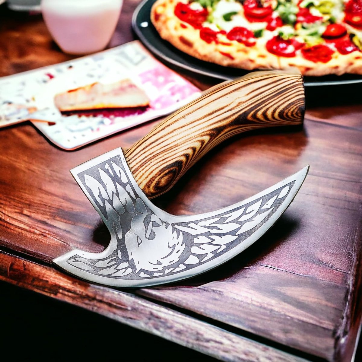 pizzeria bijl van koolstofstaal met palissander handvat, adelaar hoofd pizza bijl (Floki pizzasnijder)