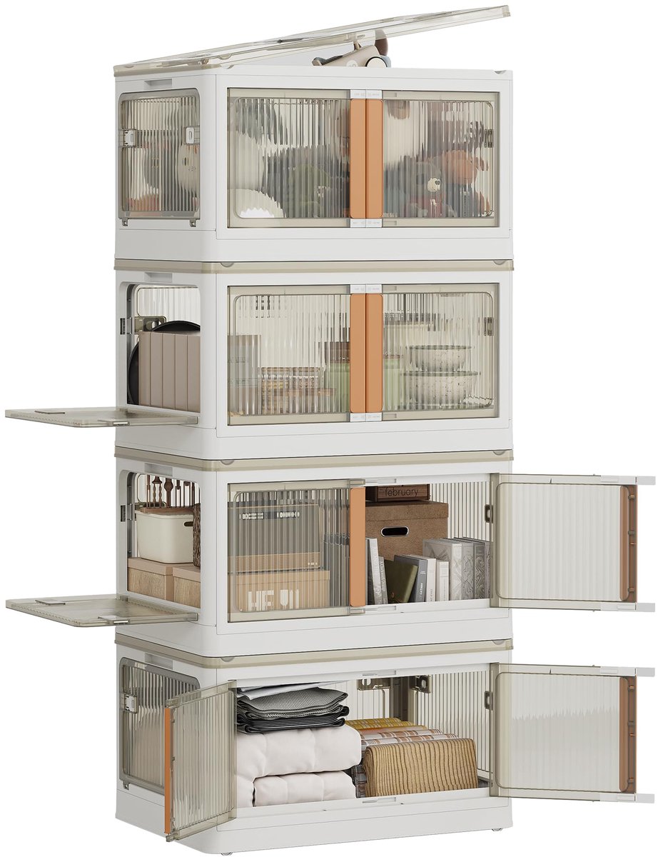 Kunststof dozen met deksel, 83 l, 4 stuks, containers van kunststof met deksel, transparant, stapelbaar, opbergdoos van kunststof, met wieltjes, 5 zijden om te openen