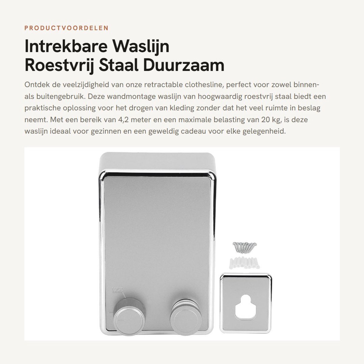 Dailygoods- Waslijn Uittrekbaar 4,2 Meter - Wanddroogrek - Roestvrij Staal - Modern Design - Max. Belasting 20 kg - Geschikt voor Binnen/Buiten - Wasrek