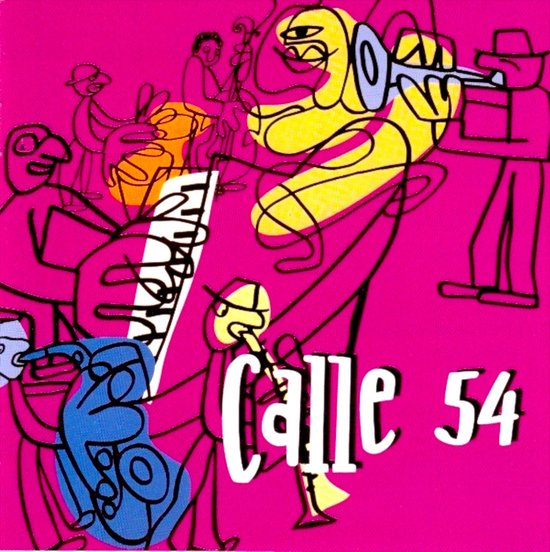Abstracte illustratie van een band met de tekst 'Calle 54' op een roze achtergrond.