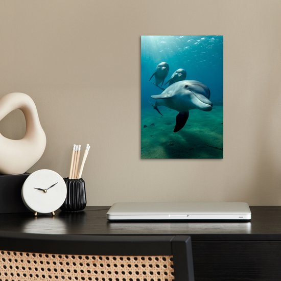 Trois dauphins nagent sous l'eau dans une eau bleue avec des rayons de soleil, accrochés à un mur au-dessus d'un bureau.