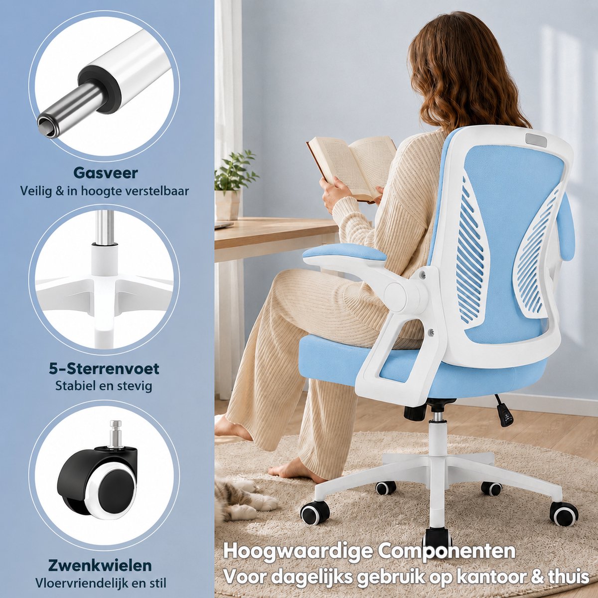 Milacyee Bureaustoel - Ergonomische Bureaustoel – Verstelbare Gaming/Computerstoel met Mesh Rug & Lendensteun – 90° Opklapbare Armleuningen – Directiestoel met Stille Wieltjes – Tot 130 kg Belasting - blauw - Geschikt voor thuiswerk en kantoor – foto 4