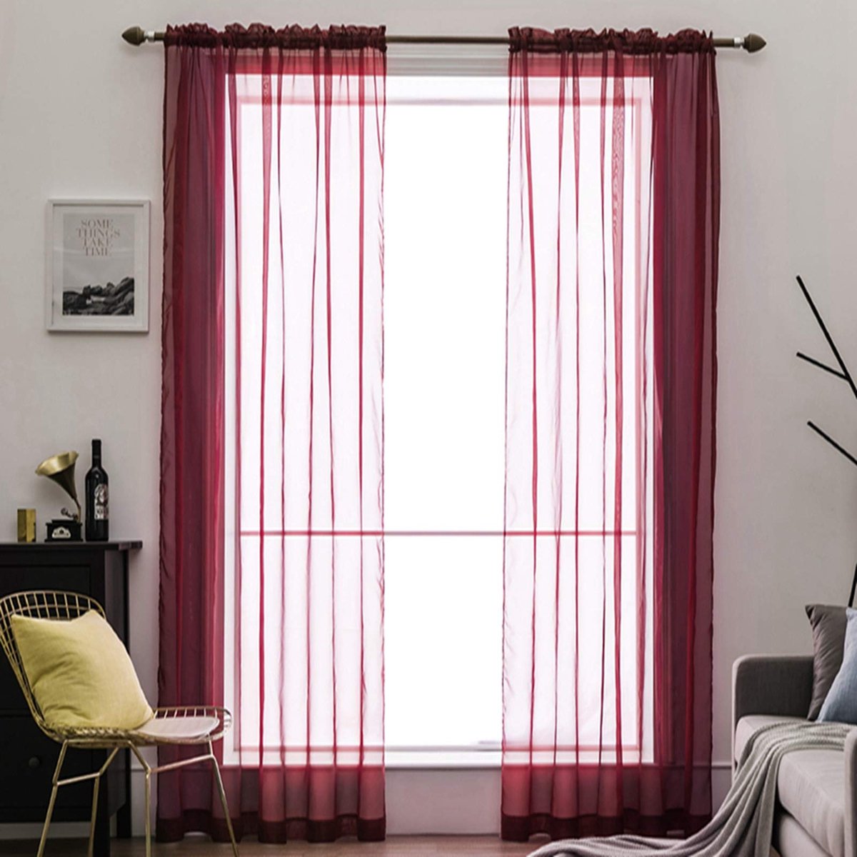 Voile-gordijn, transparant gordijn van voile, eenkleurig, stang-doorgang, luchtig decoratief gordijn voor slaapkamer en woonkamer, set van 2, 175 x 140 cm ( h x b), rood