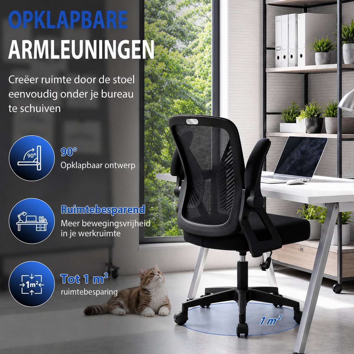 Milacyee Bureaustoel - Ergonomische Bureaustoel - Office Chair - Bureaustoelen voor Volwassenen - Computerstoel met Mesh Rugleuning & Lendensteun - 90° Opklapbare Armleuningen - Stille Wieltjes - Tot 102 kg, Zwart - Geschikt voor Thuiswerk en Kantoor – foto 2