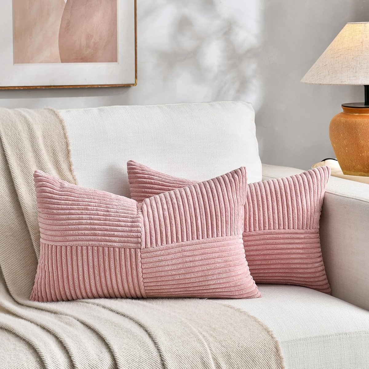 Set van 2 boho-kussenslopen voor bank, 30 x 40 cm, corduroy, modern, zacht, kruispatroon, decoratieve kussenslopen voor bank, slaapkamer, roze