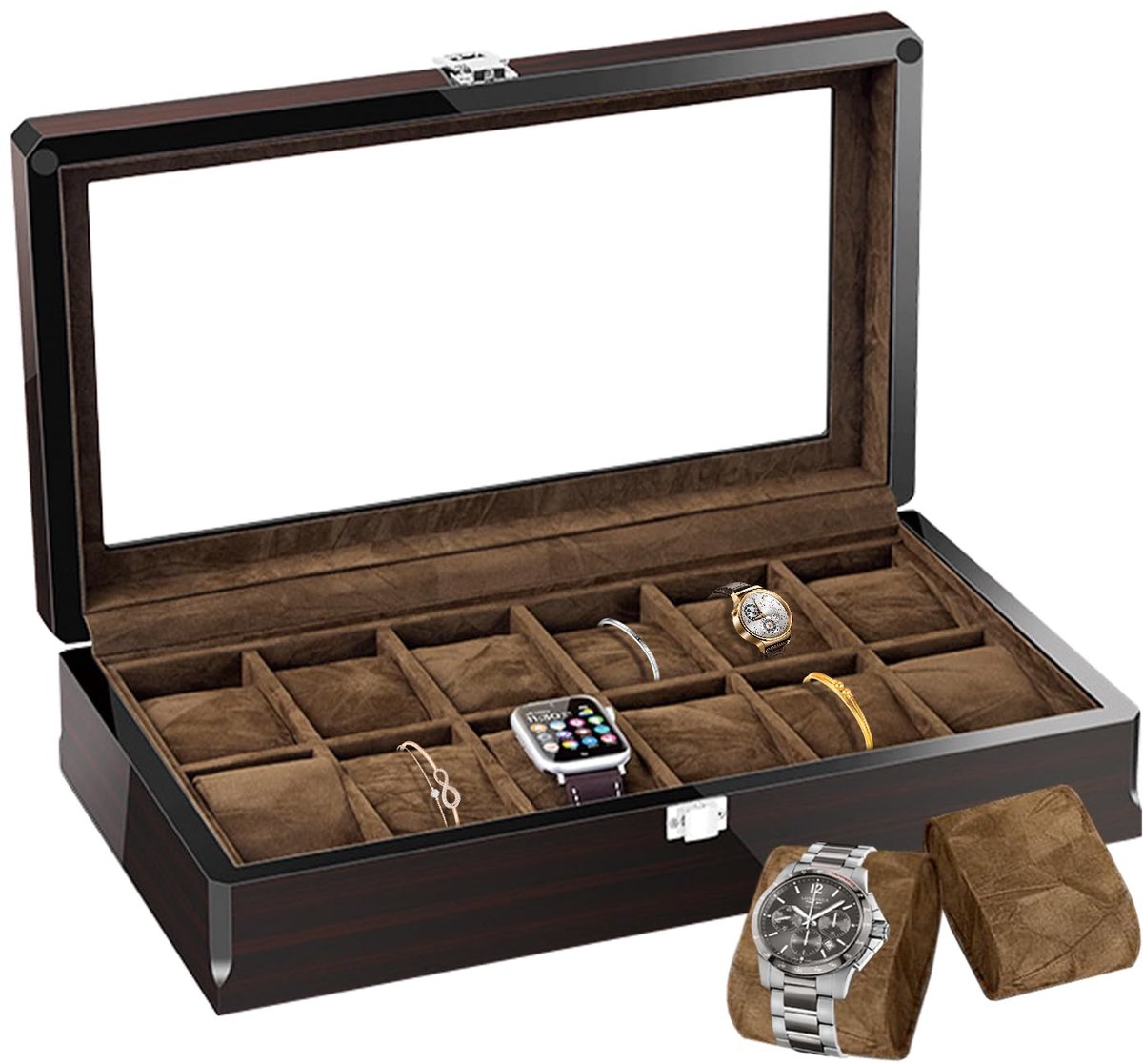 Organizer voor horloges, juwelenkistjes en sieraden, met 12 vakken voor horloges, klassieke sieraden, opbergdoos voor horloges voor heren