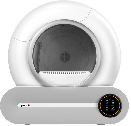 Litière automatique blanche et grise au design rond avec panneau de commande sur le devant.
