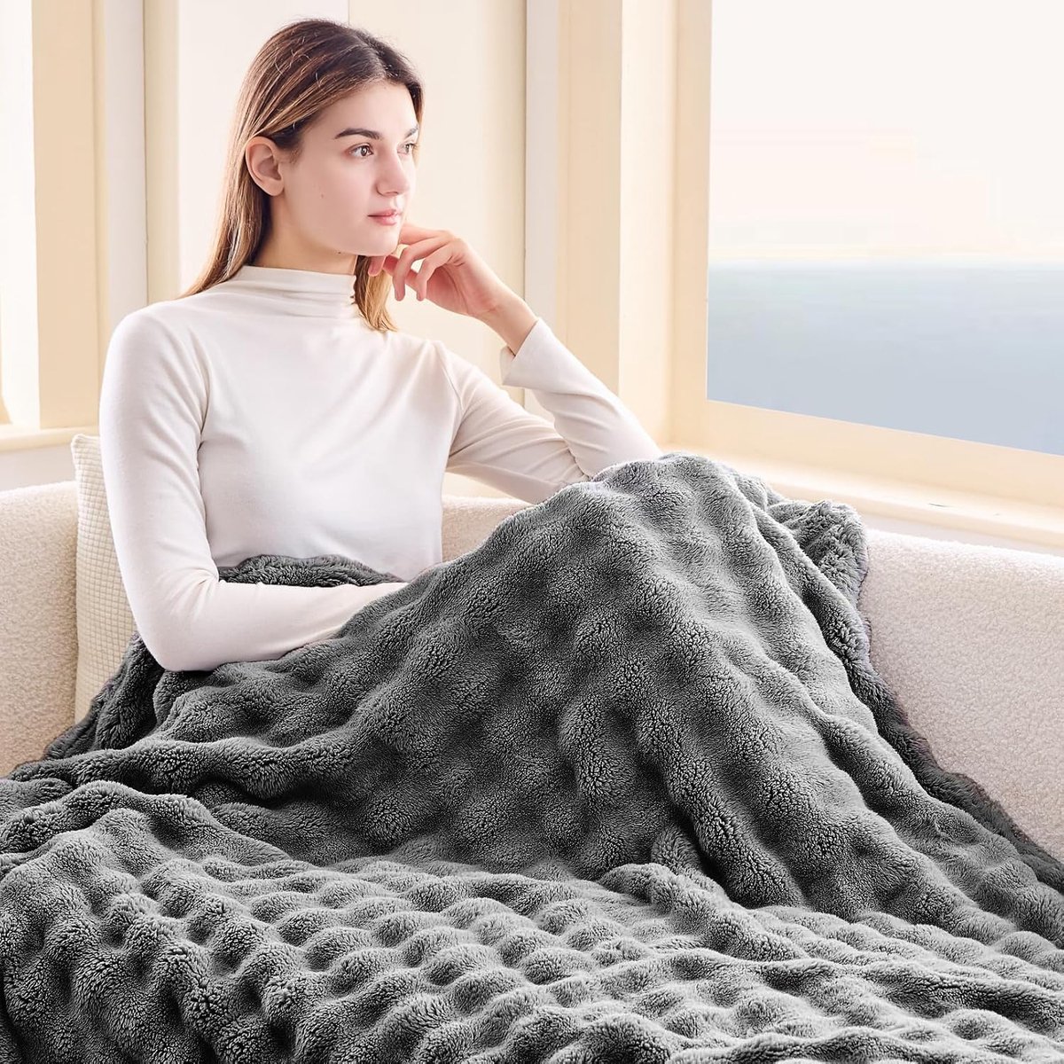 fleecedeken, flanel, deken, konijnenimitatie, pluche, woondeken, bankdeken, wollig, sprei, microvezel, sprei, bankdeken, deken voor bed, bank, slaapkamer, kantoor, 200 x 230 cm, grijs
