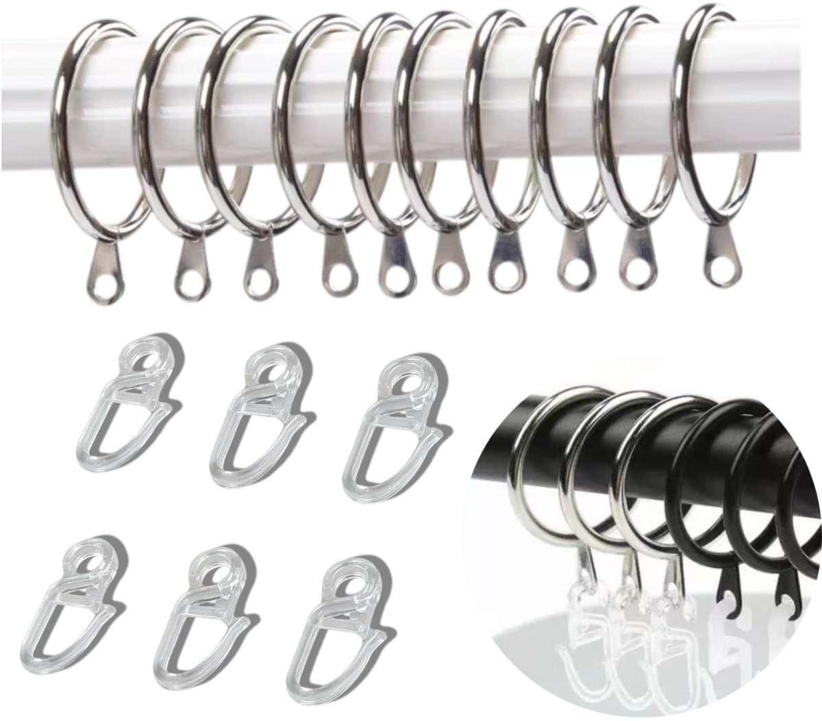 Gordijnringen met 30 stuks pvc-gordijnhaken, gordijnringen, voor ramen en deuren, douchegordijnen, 30 mm binnendiameter (zilver)