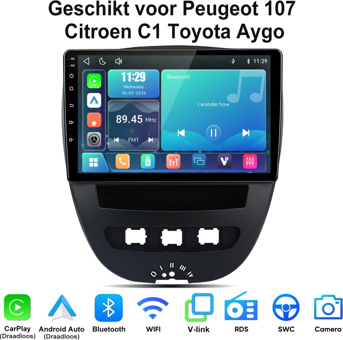 Junsun lINUX Systeem Autoradio Geschikt voor Peugeot 107 Citroen C1 Toyota Aygo - Draadloos Carplay & Andriod Auto - 10 Inch HD TouchScreen - Bluetooth - Navigatie - WiFi - FM - RDS- Airplay