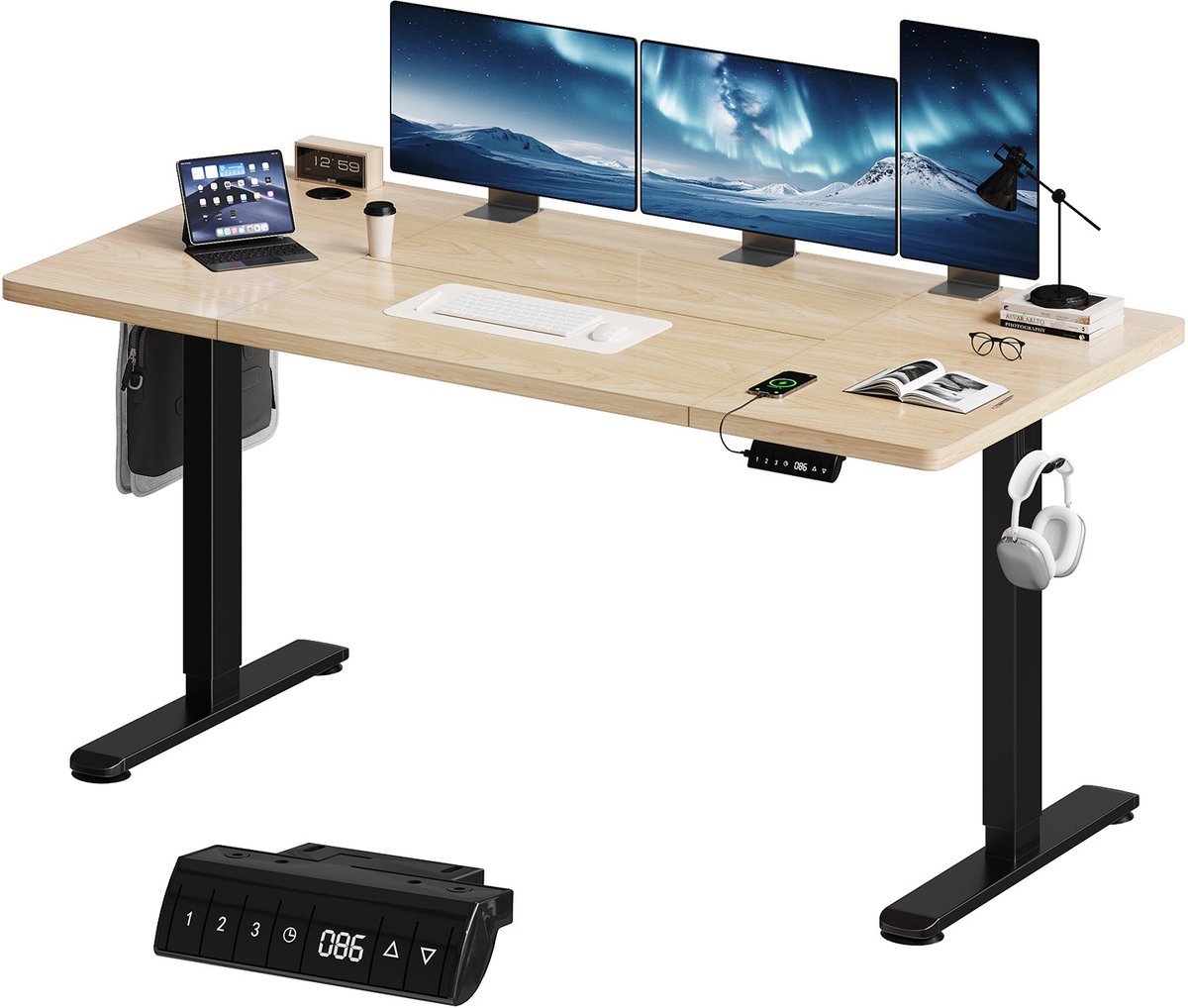 Devoko Elektrisch Zit-Sta Bureau 160x80 cm – 18 mm Dik Tafelblad – 3 Geheugenstanden – USB en Zit-alarm – Kabelmanagement – Zwart frame met houtkleurig blad