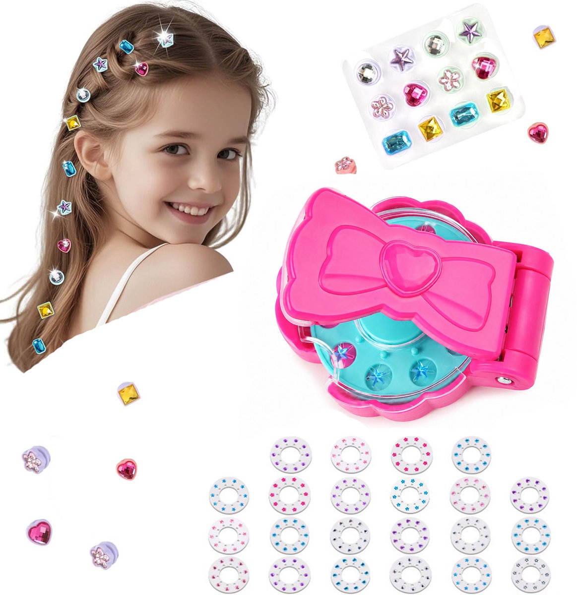 Glitterend haaraccessoire – Magische steentjes-applicator – Apparaatje voor haarsteentjes – Speelgoed voor meisjes – Inclusief 22 steentjesstickers – Geschikt voor meisjes van 3 tot 12 jaar – Roze
