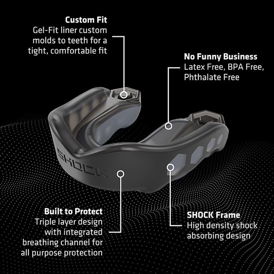 Zwart mondbeschermer met "SHOCK" logo. "Custom Fit" met gel-liner en "SHOCK FRAME" met hoge dichtheid. "Built to Protect" met drielaags ontwerp en ademkanaal.