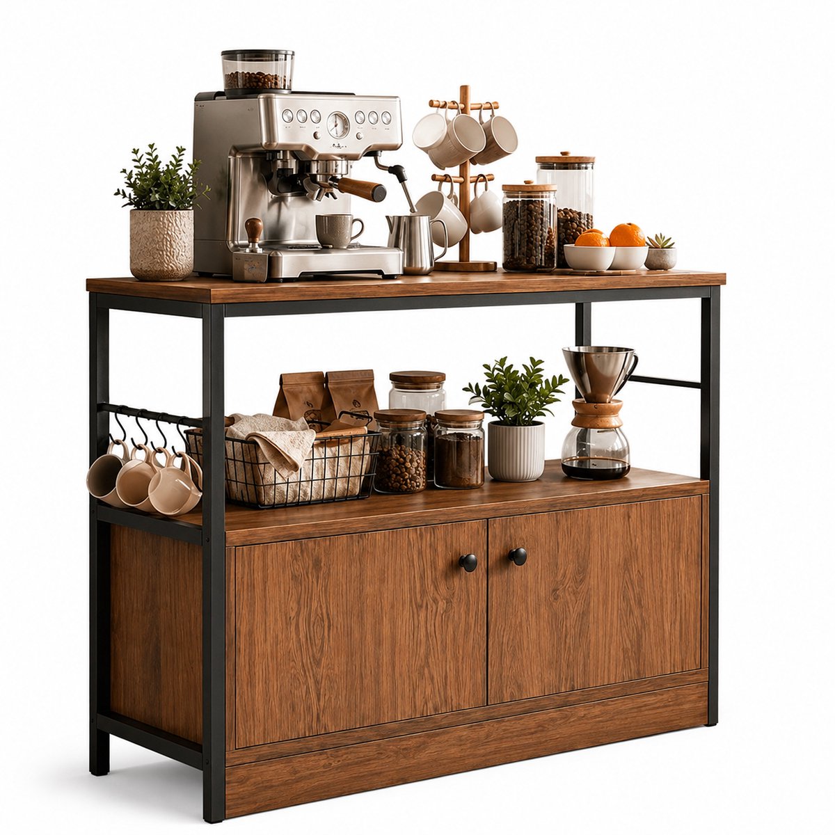 Home & Beyond® Keukenopbergkast - Magnetronkast en Bakkersrek - Koffiebar Kast met Deuren en Open Planken - Okkernoot - 100x35x80 cm