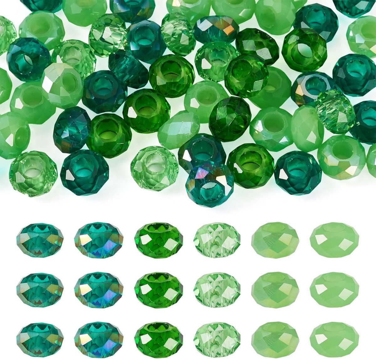 54 stuks groot gat glas Europese kralen facet rondelle geen metalen kern groot gat kraal geschikt voor 5 mm slang ketting ketting armband kralen pennen sieraden maken, groen