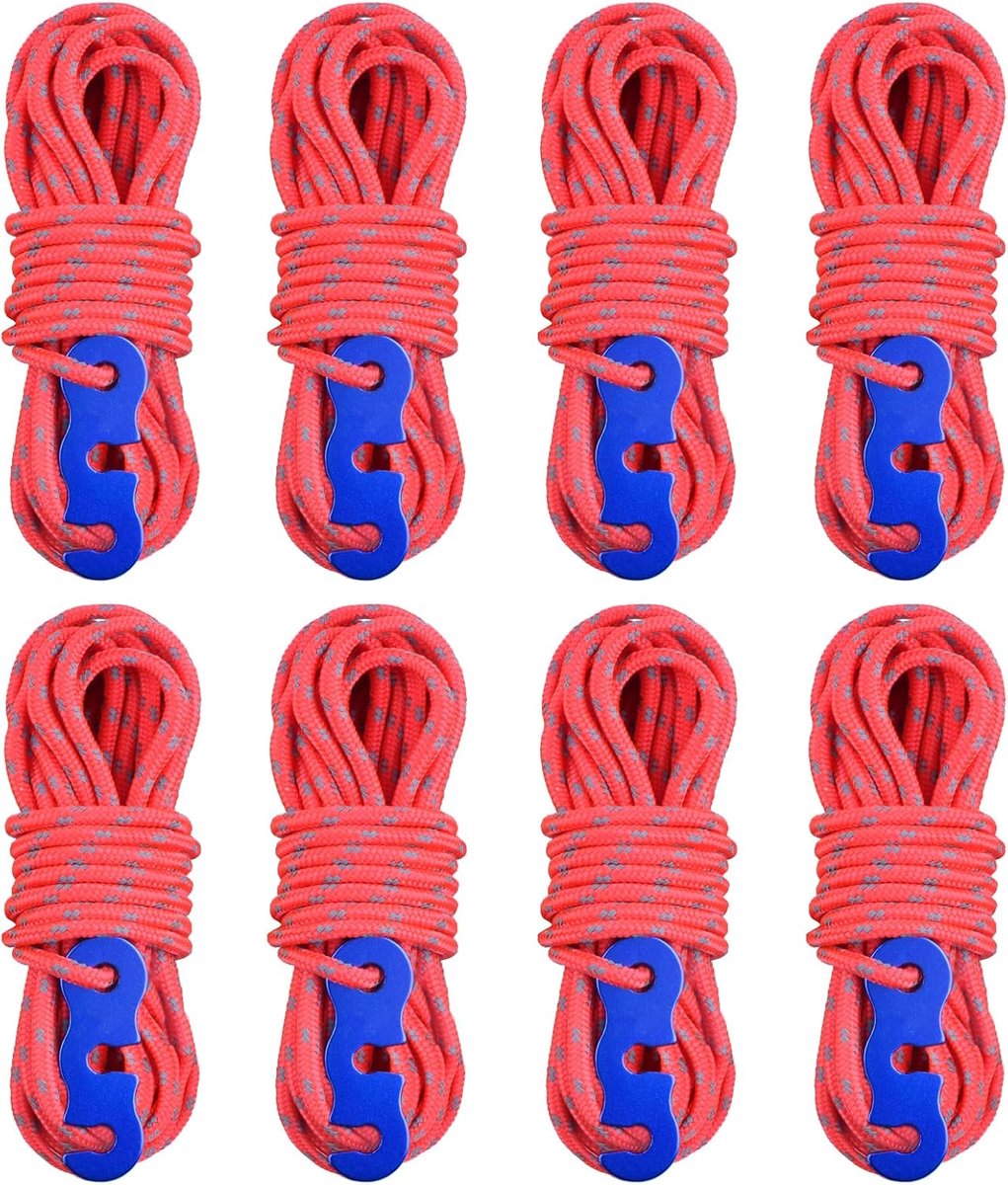 4 m reflecterende scheerlijnen, paracordtouw met kabelspanner voor tent, tentzeil camping (rood, 8 stuks)