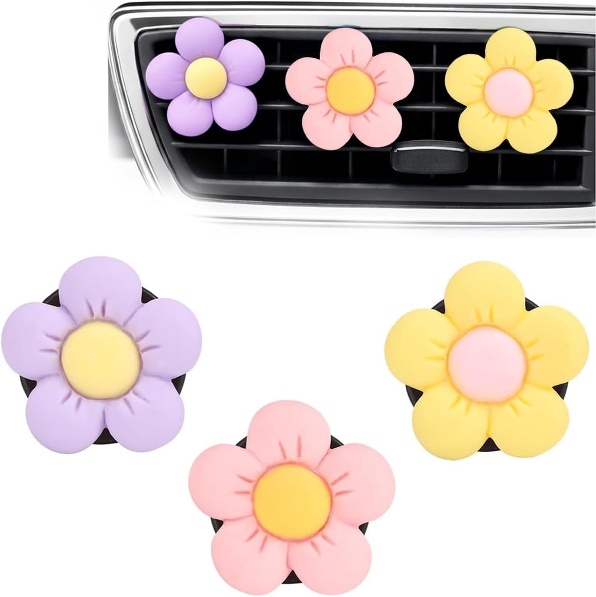 3 stuks auto-geurdiffuser, airconditioning ventielclip met geurtabletten, roze/geel/paars, voor auto-interieurdecoratie, parfumaccessoires, autocadeau
