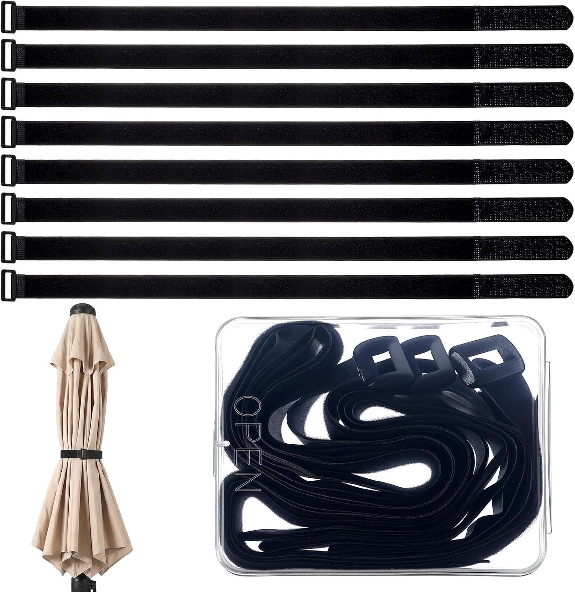 8 Pack Herbruikbare Patio Paraplu Tie Strap voor Outdoor Paraplu | Nylon zelfklevende riem verstelbare bevestigingsriemen, rekbaar en verstelbaar voor een goede pasvorm (24,4 inch)