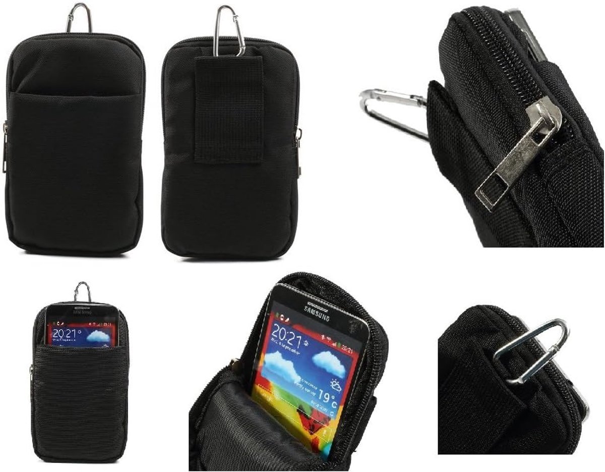 Verticale strepen nylon zakje tas tas ritssluiting karabijnhaak voor VAIO Phone VA-10J - ZWART Maat XL (16,5 cm X 10,5 cm)