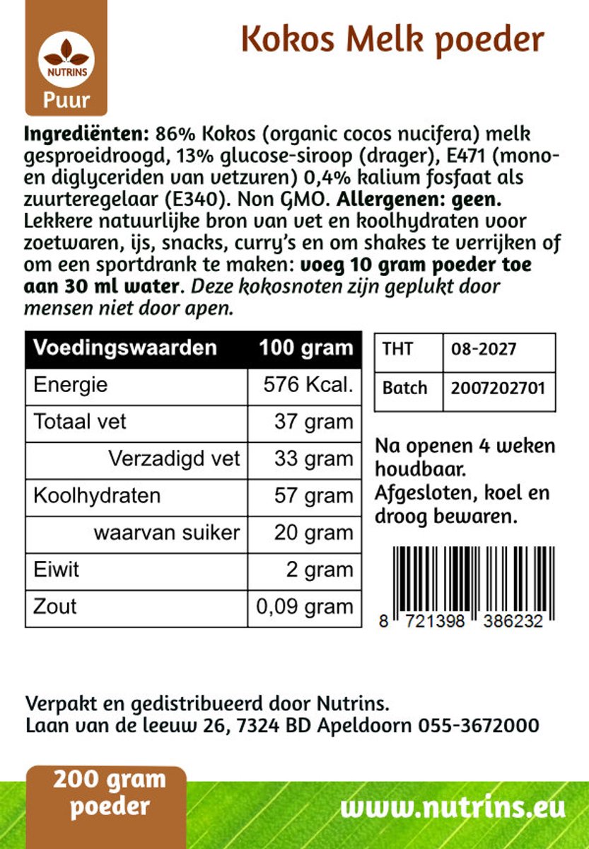 Nutrins Kokosmelk Poeder – Kokosmelk Maken 1:3 – Voor Curry, Smoothies & Shakes – Kokos 86%