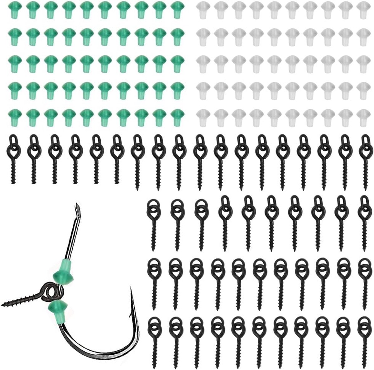 50 stuks karperschroeven en 100 stuks haaksluiting, visappatschroeven, hamecon visschroeven, haakstoppers, hamecon karpervissen, visaccessoires voor karpervissen