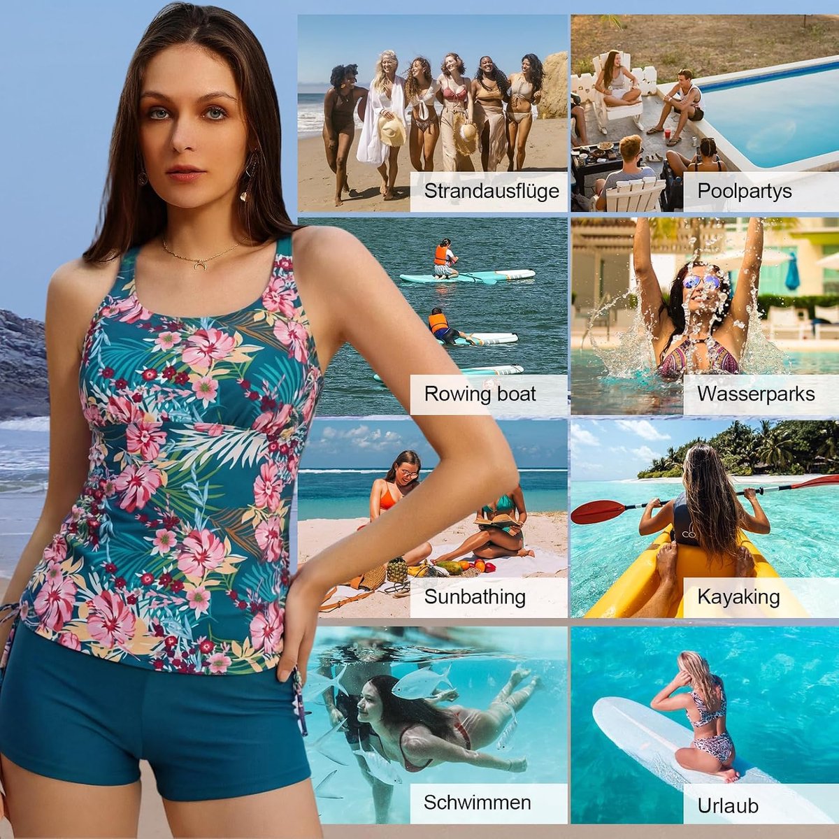 Tankini Tweedelig badpak voor dames, buikweg, tankini-bovendeel en hoge taille, comfortabele badmode met verstelbare schouderbanden, sportieve strandmode