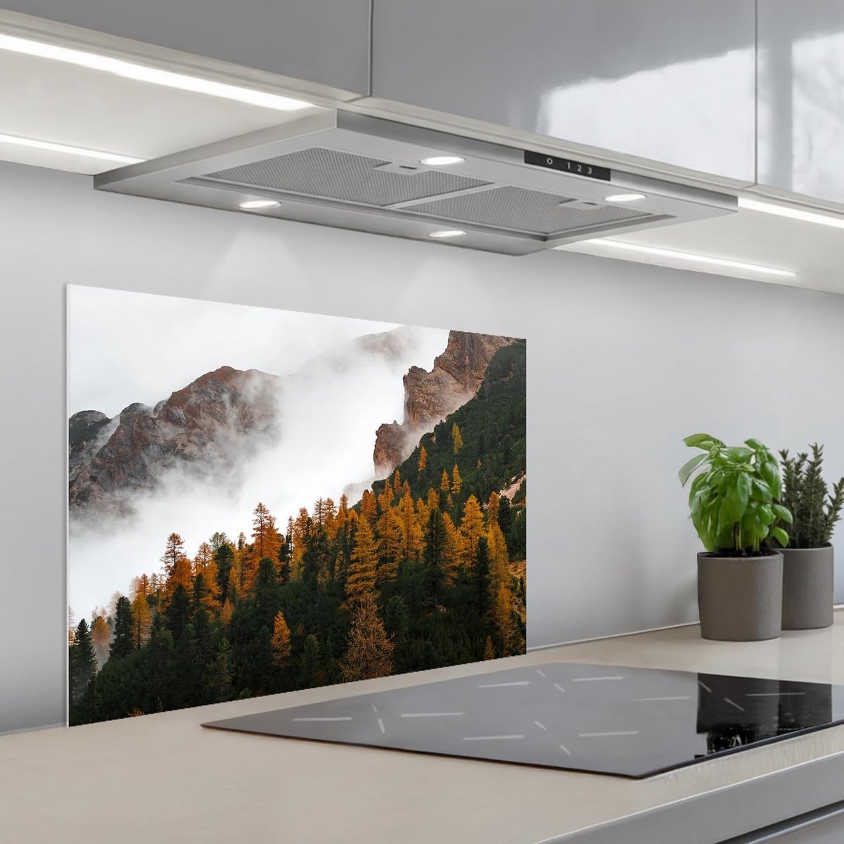 Keukenachterwand 50x70 cm zelfklevend keuken decoratie accessories home kitchen spatscherm Berg - Mist - Bos