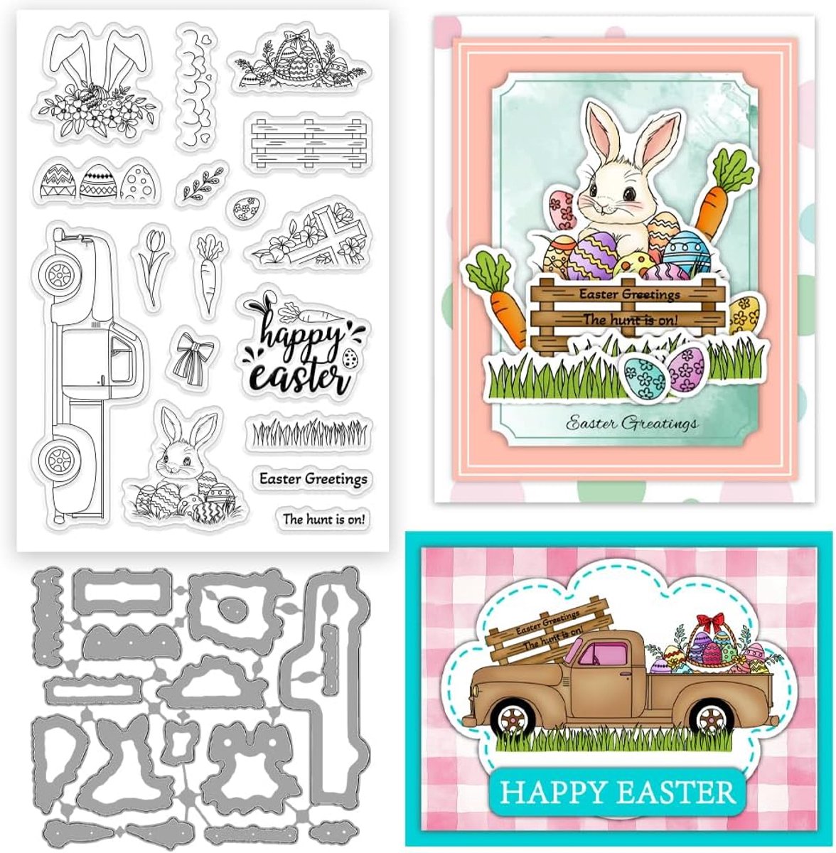 Vrolijk Pasen Postzegels en Matrijzen Set voor Kaarten Maken Paashaas Ei en Truck Clear Stempels en Snijmallen voor Scrapbooking DIY Crafting Decoratief