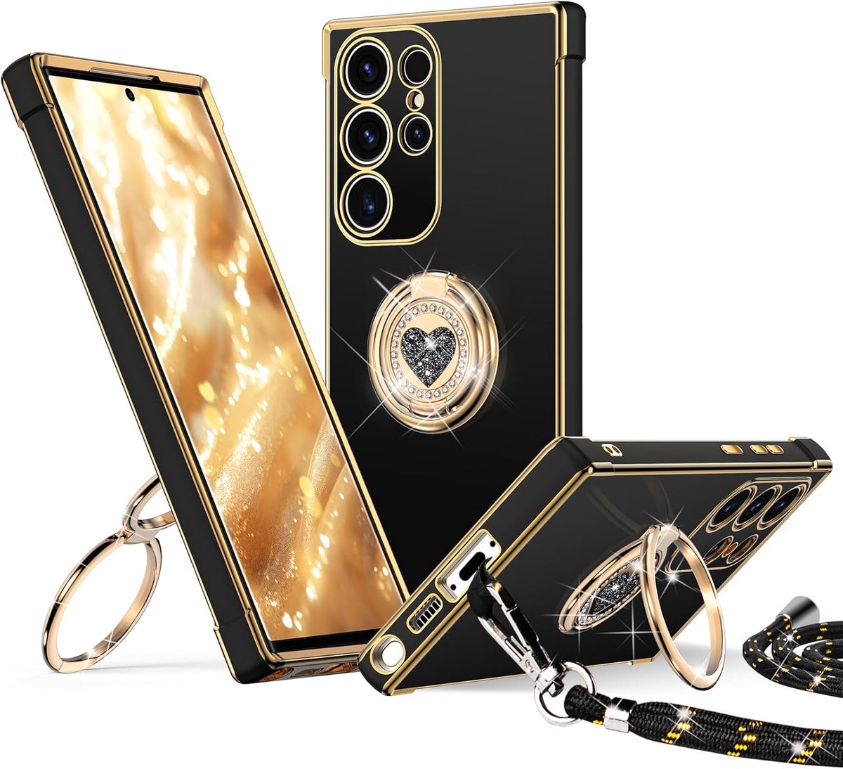 Hoes met koord voor Samsung Galaxy S24 Ultra, hart dubbele ring, standaard, telefoonhoes met koord vrouwen meisjes, dun, schokbestendig, krasbestendig, beschermhoes voor Samsung S24 Ultra, zwart