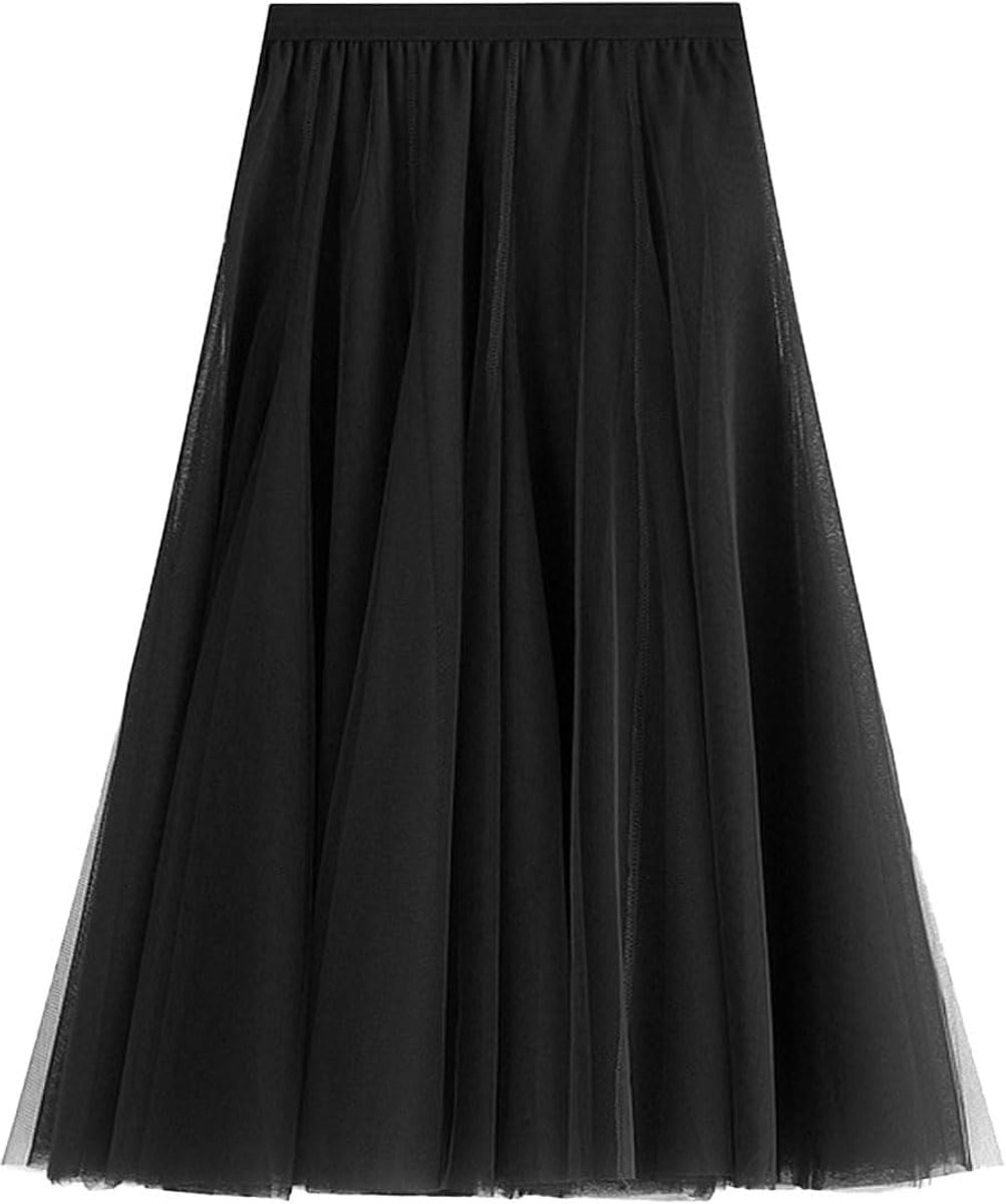 Rok voor dames, A-lijn, elastische hoge tailleband, midi-rok, mesh, grote zoom, lange rok, elegante plooirok, zomerrok