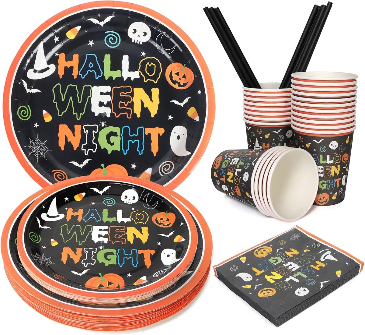Serviesset feesttafelgerei set, decoratie, outdoor, 24 halloweenbekers / halloweenborden / papieren bekers, geschikt voor 24 personen