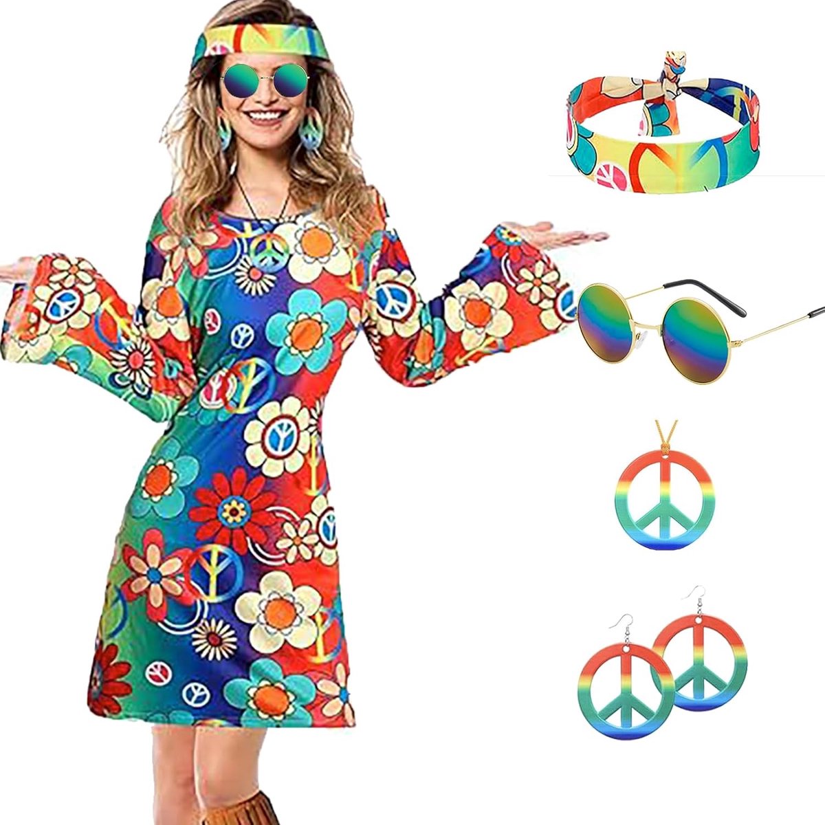 60 en 70 hippiekostuum voor dames, hippiejurk, jaren '70 disco outfit, kostuum voor dames, hippiekostuum voor carnaval, party, cosplay met Peace-teken oorbellen, halsketting, hoofdband,