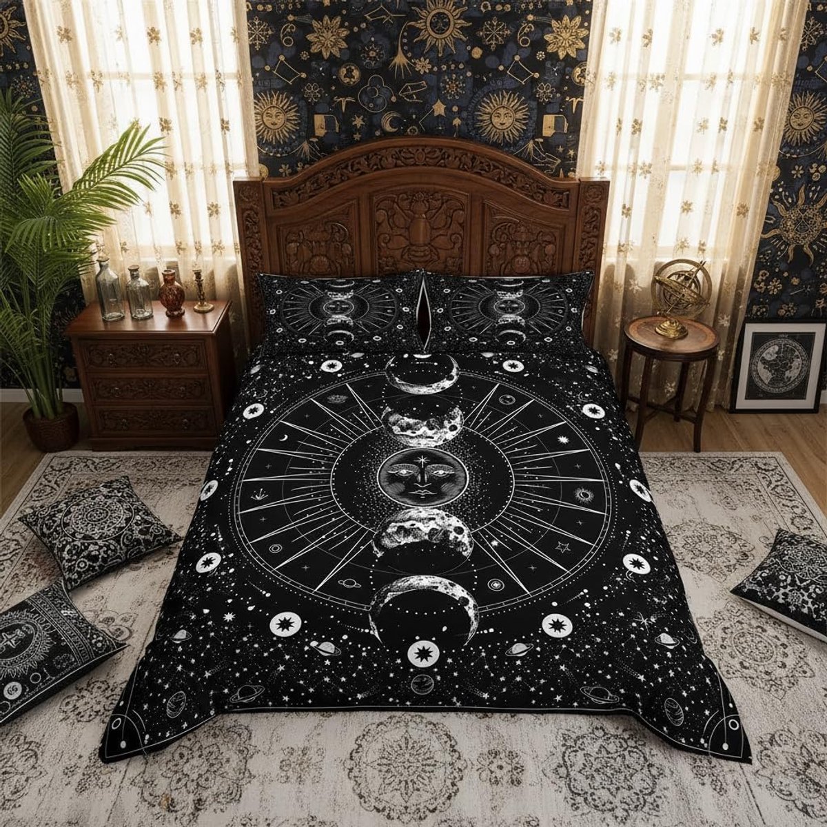 Maan beddengoedset, psychedelisch in boho-stijl beddengoedset 135 x 200 cm, zwart en wit, beddengoedset voor kinderen, jongens, meisjes, tieners, 2 stuks, ritssluiting, microvezel